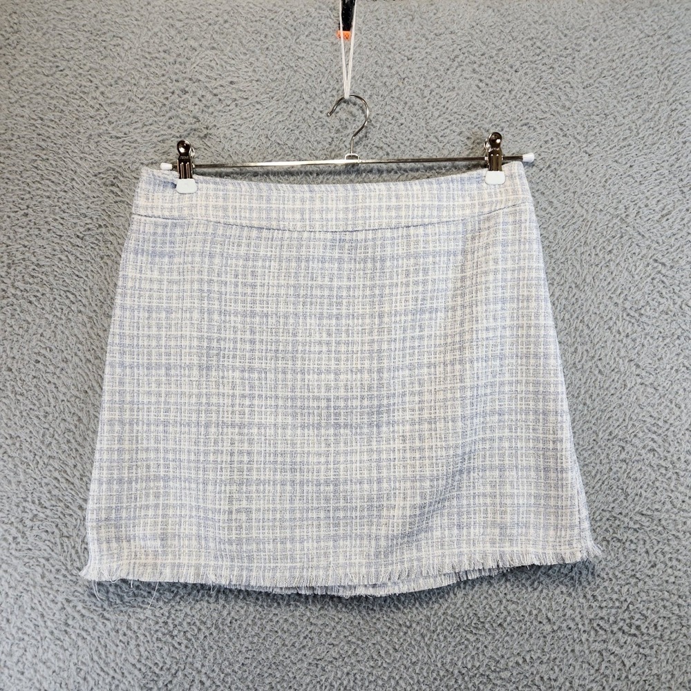Maison dAmelie Paris Mini‎ Skirt Womens Size 8 White Blue Fringe Hem Wool Blend